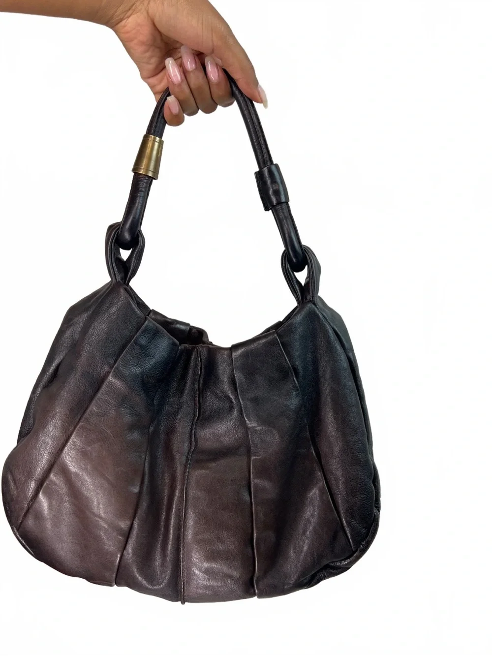 Boss Orange Pleated Leather Hobo Bag Brown Black Shoulder Purse